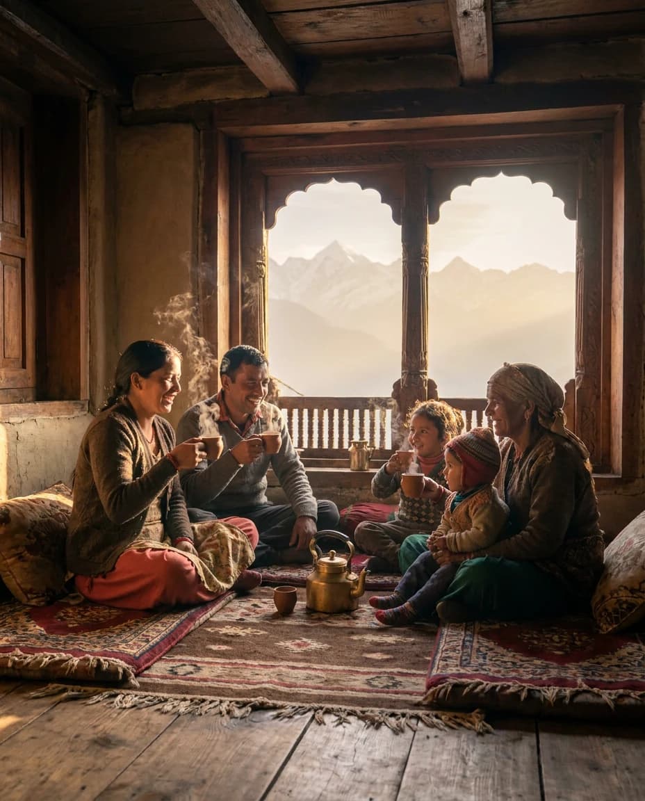 A Kumaoni family sharing hot herbal tea in a traditional wooden home in Munsiyari, Uttarakhand, with the snow-capped Himalayan peaks beyond